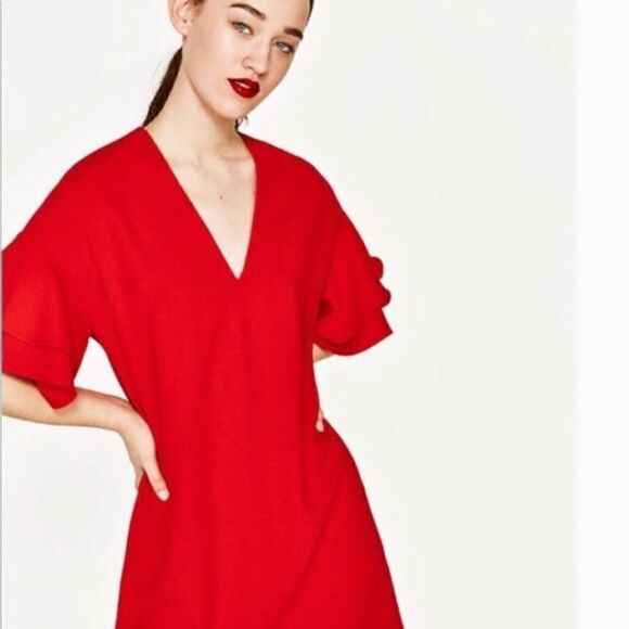 Zara woman red shift mini dress ruffle sleeves XS - Picture 3 of 8